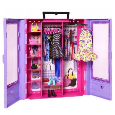 Сиреневый шкаф для одежды с куклой Barbie HJL66