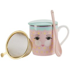 Кружка для чая с ситечком, ложкой и крышкой розово-ментоловая в подарочной коробке MISS ETOIL 4974959