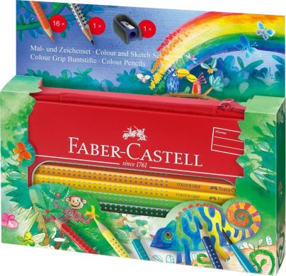 Подарочный набор цветных карандашей Grip «Джунгли», 16 цветов + простой карандаш и точилка Faber-Castell 27634