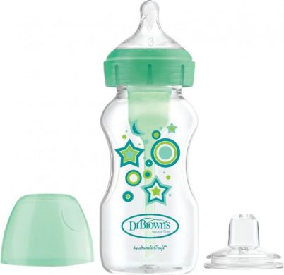 Антиколиковая бутылочка-поильник с широким горлышком и соской Dr. Brown's Options+ Зеленые звезды 270 мл WB91606-P3, Зелёный