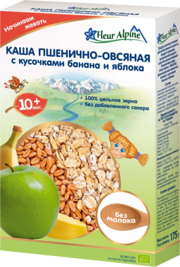 Безмолочна каша Fleur Alpine Organic пшенично-вівсяна зі шматочками банана та яблука 175 г 4006303002778