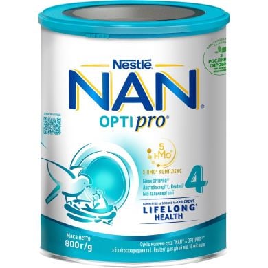 Суміш молочна суха NAN 4 Optipro з 5 олігосахаридами та L. Reuteri для дітей від 18 місяців 800 г 8445291444225