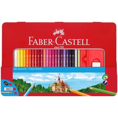 Карандаши цветные Faber-Castell 48 цветов CLASSIC в металлической коробке + аксессуары 26174