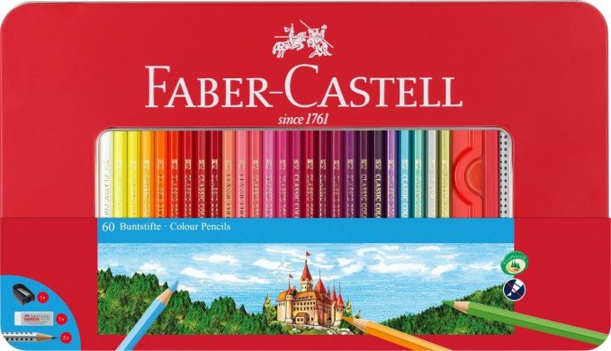 Олівці кольорові Faber-Castell 60 кольорів CLASSIC в металевій коробці + аксесуари 26943