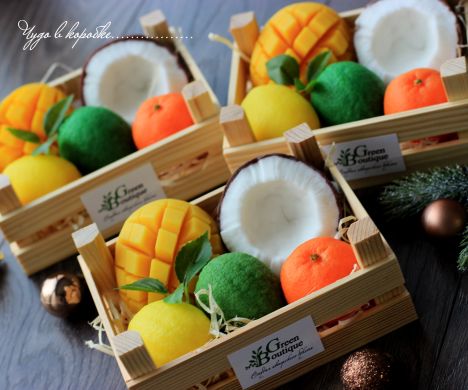 Сувенірне мило Green boutique кокос, лимон, манго, лайм, мандарин в дерев'яному ящику 33