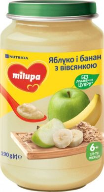 Пюре фруктове Яблуко і банан з вівсянкою для дітей від 6 місяців, Milupa 8591119004017
