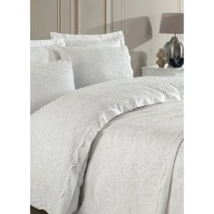 Постіль сатин Dantela Vita Serafina біла(4 наволочки 50x70+5 см, простирадло 240x260, підковдра 200x220, покривало 240x260 SERAFİNA, євророзмір