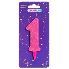 Свеча для торта Цифра 1 розовая блеск 8014-0002