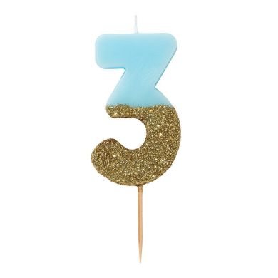 Праздничная свеча-номер Talking Tables цифра «3» голубая 1 шт BDAY-CANDLE-BLU-3