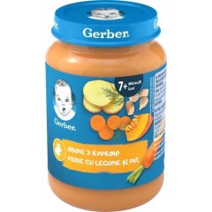 Пюре овоче-м'ясне Gerber Стерилізоване зі шматочками Овочі з куркою для дітей із 7 місяців 190 г 8445292315043