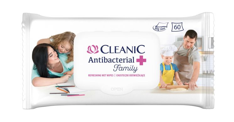 Серветки вологі Cleanic Family антибактеріальні з кришкою 60 шт, 4989