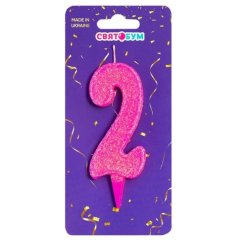 Свеча для торта Цифра 2 розовая блеск 8014-0003