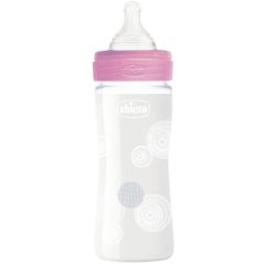 Пляшка скляна Well-Being 240 мл соска силіконова повільний потік від 0 місяців, 1шт (дівчинка) Chicco 28721.10, Рожевий
