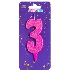 Свеча для торта Цифра 3 розовая блеск 8014-0004