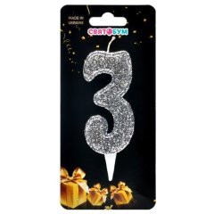 Свеча для торта Цифра 3 серебро магическое 8012-0004