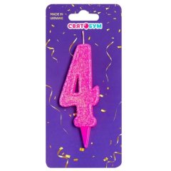 Свеча для торта Цифра 4 розовая блеск 8014-0005