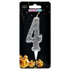 Свеча для торта Цифра 4 серебро магическое 8012-0005