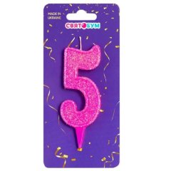 Свеча для торта Цифра 5 розовая блеск 8014-0006