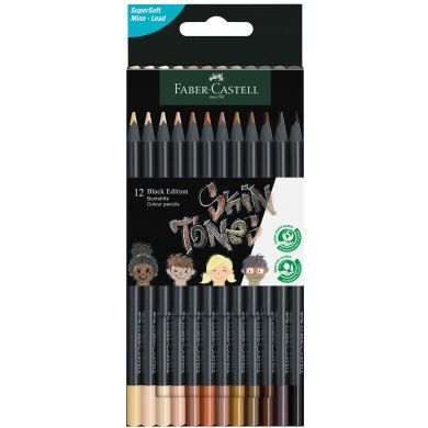 Олівці кольорові Faber-Castell Black Edition Skins tones, тригранні чорне дерево, 12 кольорів 116414