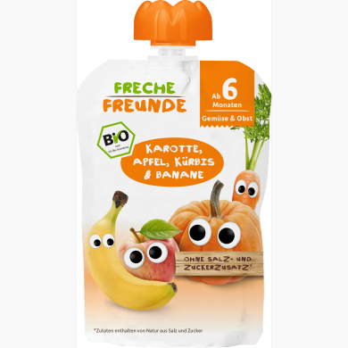 Органическое фруктово-овощное пюре Freche Freunde Морковь, яблоко, тыква и банан без сахара 100 г 521090