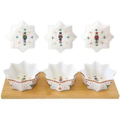 Набор для закусок: 3 чашки из фарфора и поднос из бамбука NUTCRACKER POZZI MILANO 2183NUTC