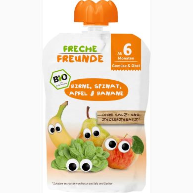 Органічне фруктово-овочеве пюре без цукру Груша-шпинат-яблуко-банан Freche Freunde 521137