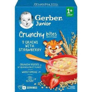 Дитяча каша суха швидкорозчинна Gerber Мультизлакова з хрусткими пластівцями та шматочками полуниці для дітей від 1 року 200 г 8445291220836