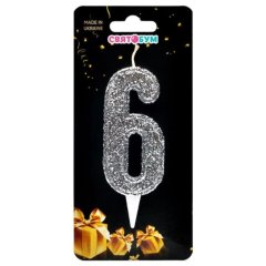 Свеча для торта Цифра 6 серебро магическое 8012-0007