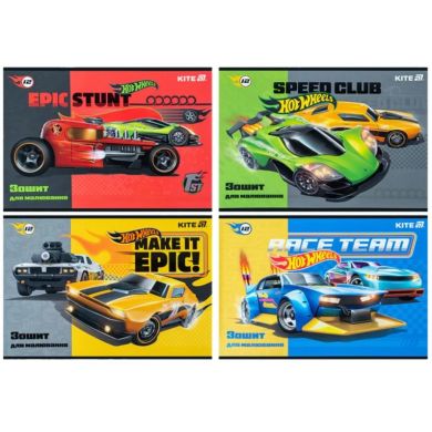 Зошит для малювання, 12 аркушів, скоба, софт тач + УФ лак, Hot Wheels Kite HW25-241