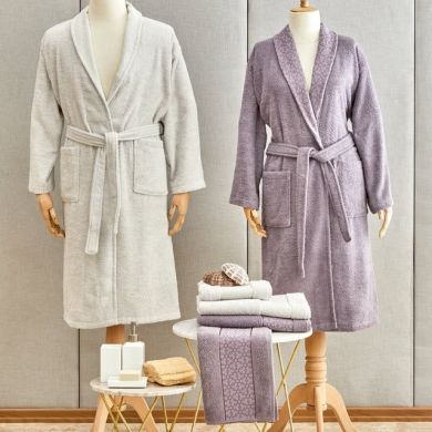 Набір із 6 предметів: 2 халати (розміри S/M та L/XL), 2 рушники 50 × 90 см і 2 рушники 70 × 140 см, сірий/бузковий Karaca Home 8680214254325