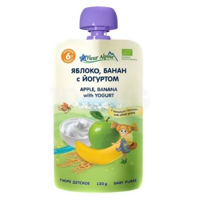 Органическое фруктовое пюре Fleur Alpine Яблоко, Банан с йогуртом для малышей с 6 месяцев