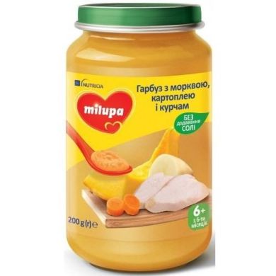 Пюре овоще-мясное «Тыква с морковью, картофелем и цыпленком» для детей от 6 месяцев, Milupa 5900852044014