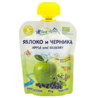 Органическое фрукто-ягодное пюре Fleur Alpine Яблоко Черника для детей с 5 месяцев 90 г 5024688001130