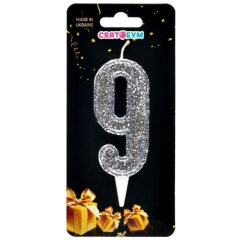 Свеча для торта Цифра 9 серебро магическое 8012-0010