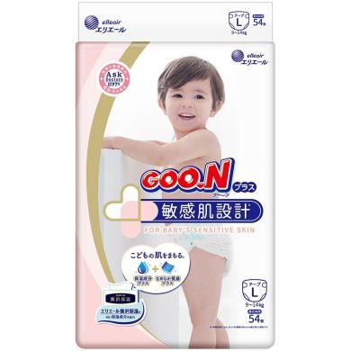 Підгузки японські Goo.N Plus для дітей 9-14 кг (розмір L, на липучках, унісекс, 54 шт) 843336 4902011843361