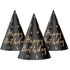 Колпак праздничный Happy Birthday шарики и звездочки на черном 15 см 20 шт уп 7003-0073