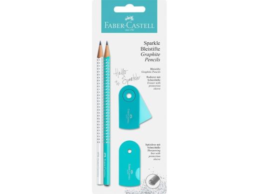 Набір Faber-Castell Grip Sparkle Pearl, 2 олівця чорнографітних з підстружкою і гумкою Sleeve, бірюзовий і білий 30333