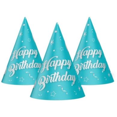 Колпак праздничный Happy Birthday шарики на голубом 15 см 20 шт уп 7003-0070