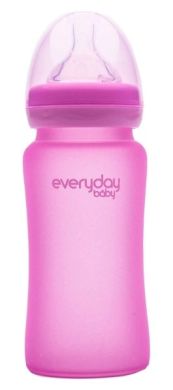 Стеклянная детская термочувствительная бутылочка Everyday Baby 240мл с силиконовой защитой 10222, Малиновый